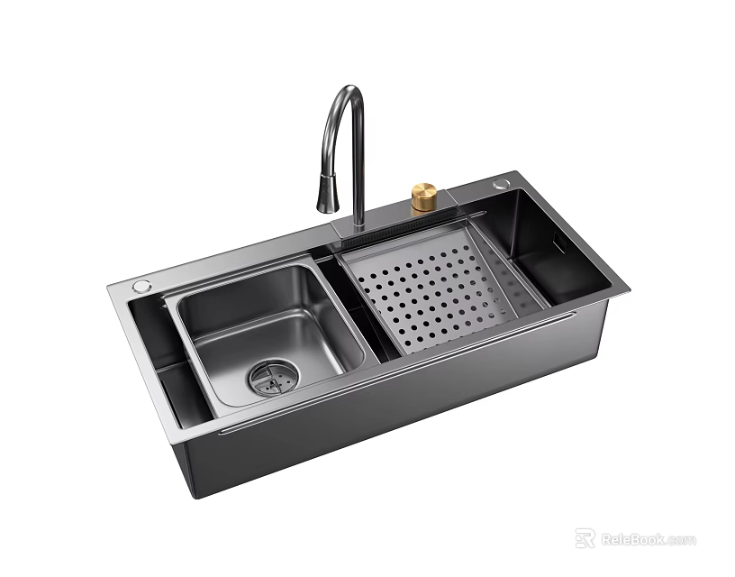 Black Double Bowl Kitchen Sink With Drainer Stainless Steel Faucet And Gold Soap Dispenser 3d model 