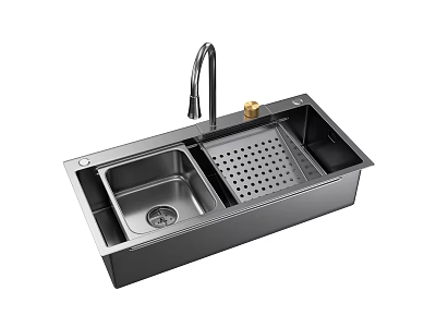Black Double Bowl Kitchen Sink With Drainer Stainless Steel Faucet And Gold Soap Dispenser 3d model