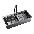 Black Double Bowl Kitchen Sink With Drainer Stainless Steel Faucet And Gold Soap Dispenser