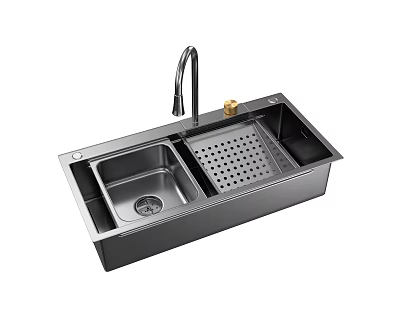 Black Double Bowl Kitchen Sink With Drainer Stainless Steel Faucet And Gold Soap Dispenser 3d model