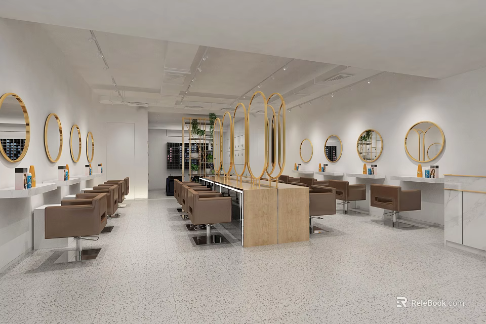 Spacious Modern Hair Salon Interior Featuring Round Mirrors Brown Chairs And Wooden Counter 3d model 