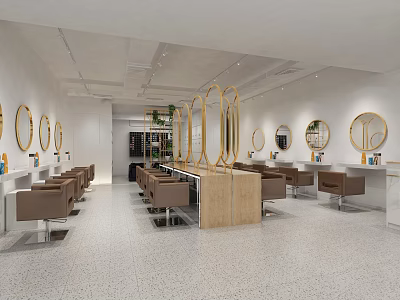 Spacious Modern Hair Salon Interior Featuring Round Mirrors Brown Chairs And Wooden Counter 3d model