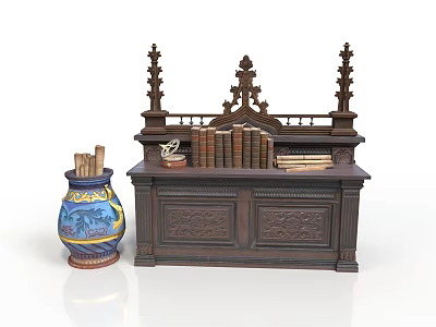 Antique Dark Wooden Cabinet With Carved Decorations Books Small Decor Colorful Vase And Wooden Sticks 3d model