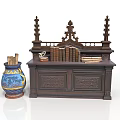 Antique Dark Wooden Cabinet With Carved Decorations Books Small Decor Colorful Vase And Wooden Sticks