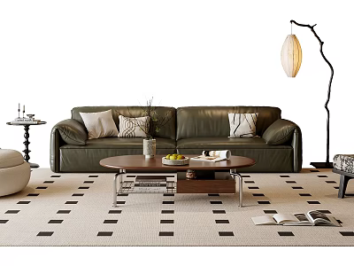 Green Leather Sofa With Throw Pillows And Round Wooden Coffee Table On Black White Checkered Rug 3d model