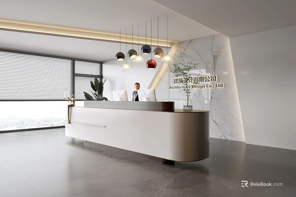 Modern Office Front Desk Reception Area With Marble Wall Pendant Lights And Green Plant 3d model 