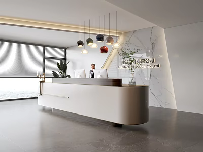 Modern Office Front Desk Reception Area With Marble Wall Pendant Lights And Green Plant 3d model