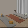 Modern Indoor Lounge With Beige Walls Wooden Flooring Window Bench Red Rug And Throw Pillows