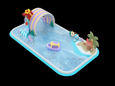 Interactive Water Playground Area Featuring Small Boat Slide Palm Tree Island And Fish 3d model