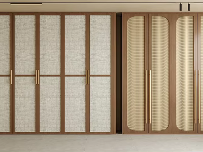 Modern Wardrobe Interior Design With Wooden Frame Textured Panels And Gold Handles 3d model