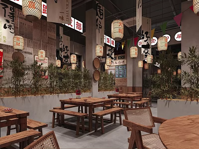 New Chinese Retro Barbecue Shop Chicken Pot Shop New Chinese Hot Pot Shop Barbecue Shop Table and Chair Barbecue Shop Curtain Chinese Lantern Catering Lantern 3d model
