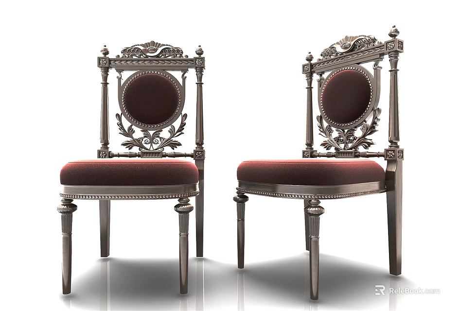 Classic Dining Chairs With Ornate Carvings Circular Backrest And Red Velvet Upholstery 3d model 