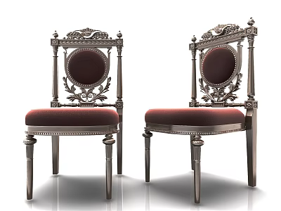 Classic Dining Chairs With Ornate Carvings Circular Backrest And Red Velvet Upholstery 3d model