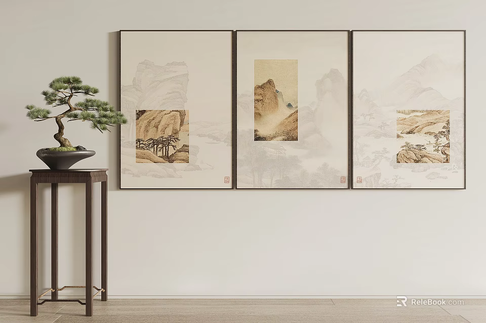 Chinese Landscape Paintings Three Panel Artwork On White Wall With Bonsai Pine Tree 3d model