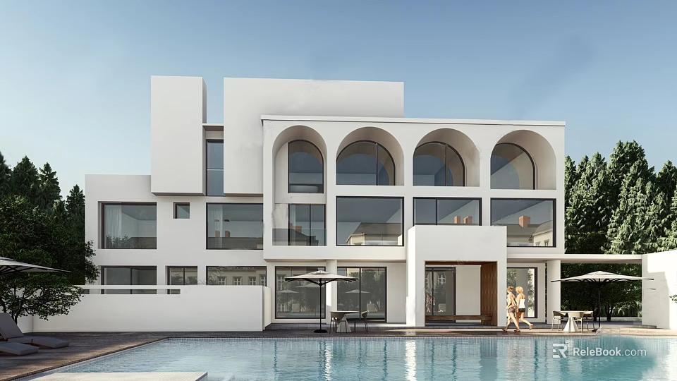 Modern Luxury Sales Office With White Building Arched Windows Glass Curtain Walls And Swimming Pool 3d model 