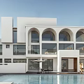 Modern Luxury Sales Office With White Building Arched Windows Glass Curtain Walls And Swimming Pool