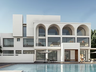 Modern Luxury Sales Office With White Building Arched Windows Glass Curtain Walls And Swimming Pool 3d model