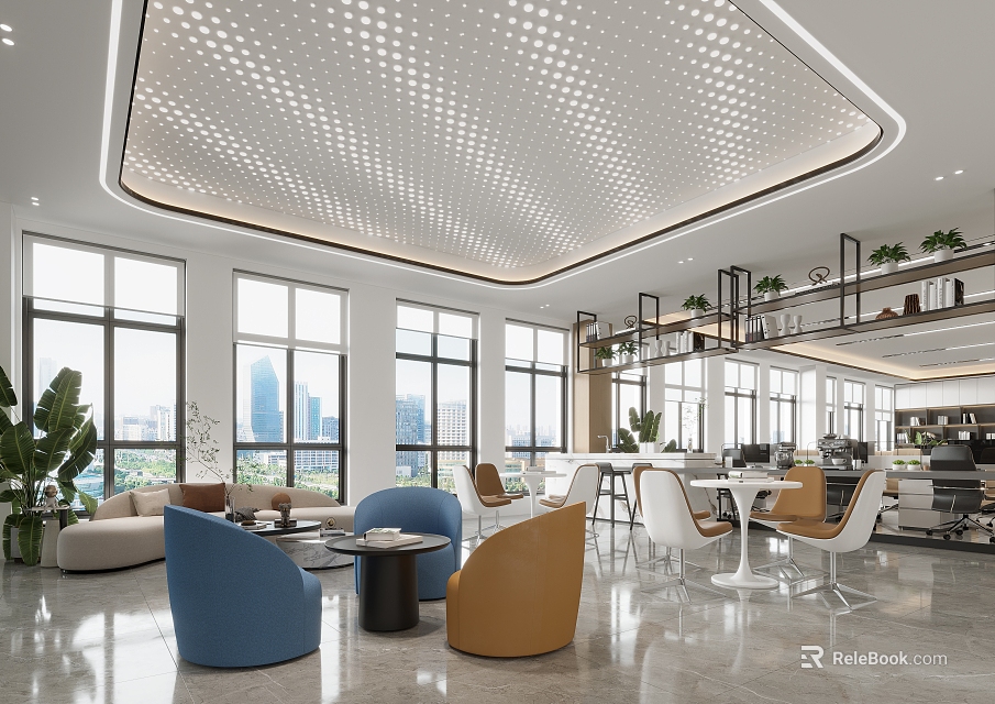 Modern Break Room Interior With Large Windows City View Colorful Chairs Sofa And Plants 3d model 