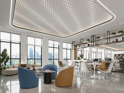 Modern Break Room Interior With Large Windows City View Colorful Chairs Sofa And Plants 3d model