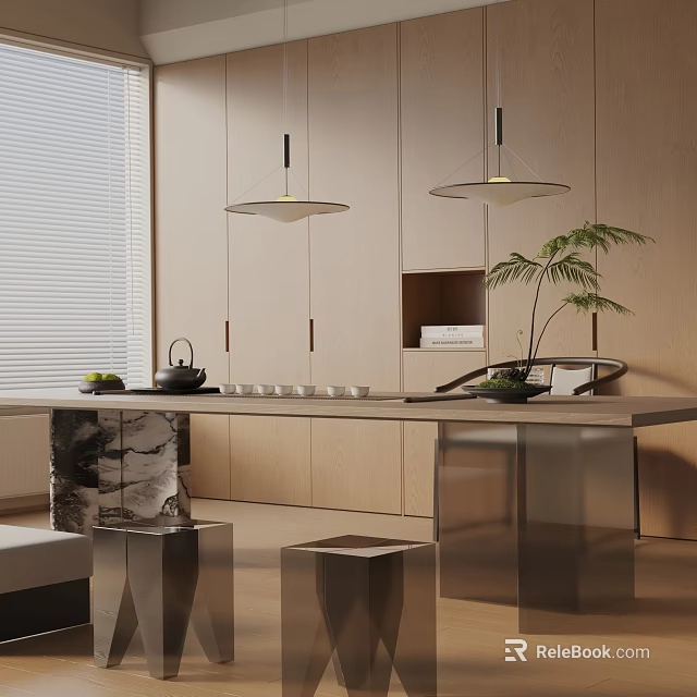 Modern Dining Table Set With Wooden Cabinets Metal Legs Marble Countertop Greenery And Pendant Lights 3d model 