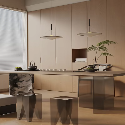 Modern Dining Table Set With Wooden Cabinets Metal Legs Marble Countertop Greenery And Pendant Lights 3d model