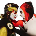 Game Movie Characters In Green Outfit Red Cloak With Face Paint Playing Cards