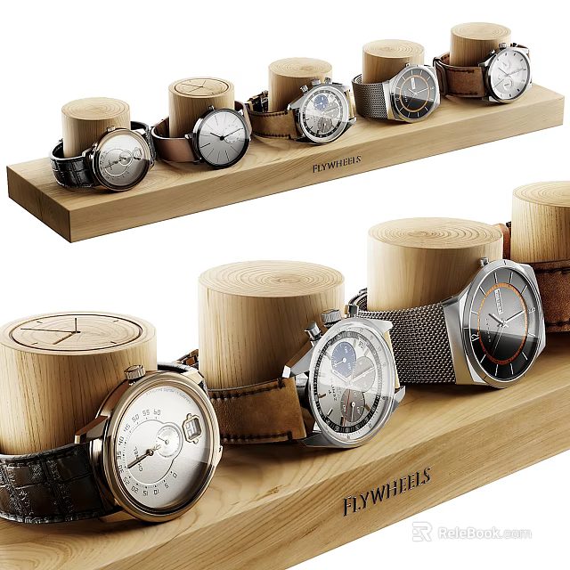 Various Stylish Watches on Wooden Display Stand with Leather and Metal Straps and Different Dials 3d model 