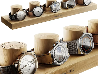 Various Stylish Watches on Wooden Display Stand with Leather and Metal Straps and Different Dials 3d model