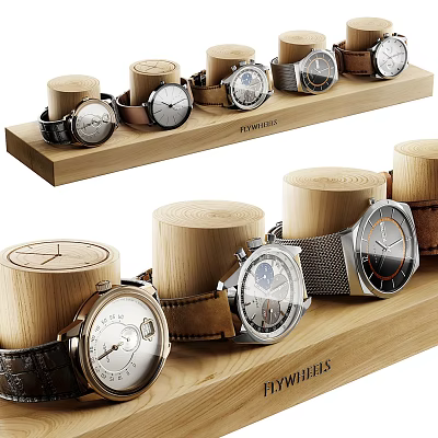 Various Stylish Watches on Wooden Display Stand with Leather and Metal Straps and Different Dials 3d model