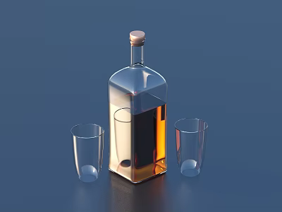 Transparent Glass Bottle And Cups With Amber Liquid And Wooden Cap On Blue Background 3d model