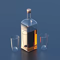 Transparent Glass Bottle And Cups With Amber Liquid And Wooden Cap On Blue Background