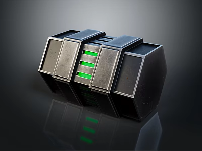 Modern Dark Metallic Tech Structural Component With Illuminated Green Stripes And Reflective Panels 3d model
