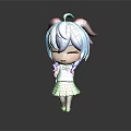 Cute Chibi Cartoon Character With Blue Hair Pigtails Red Bow White Top Green Plaid Skirt