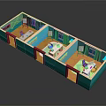 Medical Ward Interior Layout With Multiple Rooms Beds Windows Doors Blue Walls And Red Floors