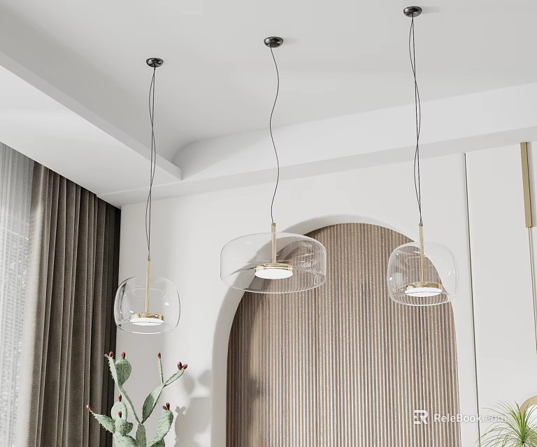 Sleek Modern Interior Three Glass Pendant Lights Gold Accents Arched Doorway Green Plants 3d model 