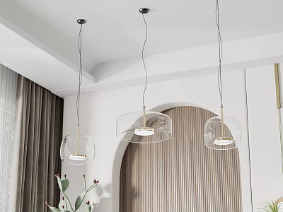 Sleek Modern Interior Three Glass Pendant Lights Gold Accents Arched Doorway Green Plants 3d model