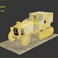Vintage White Tracked Vehicle Model With Wooden Details And Display Base On Gray Background