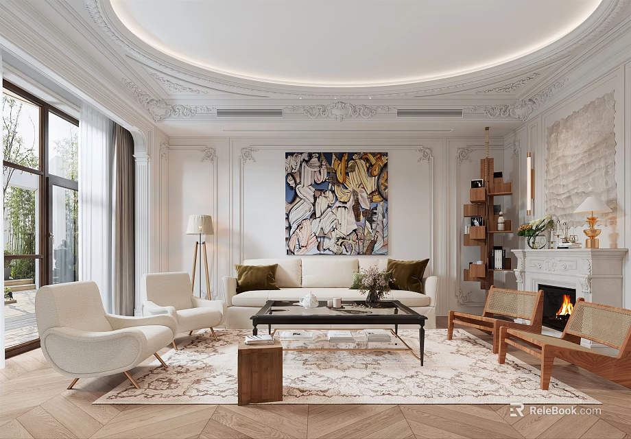 Elegant Living Room Interior With Large Windows White Armchairs Beige Sofa Coffee Table Artwork Fireplace 3d model 