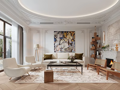 Elegant Living Room Interior With Large Windows White Armchairs Beige Sofa Coffee Table Artwork Fireplace 3d model