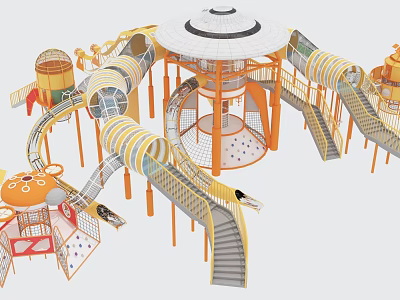 Colorful Children's Play Area With Slides Climbing Nets Spiral Tunnels Stairs And Top Canopy 3d model