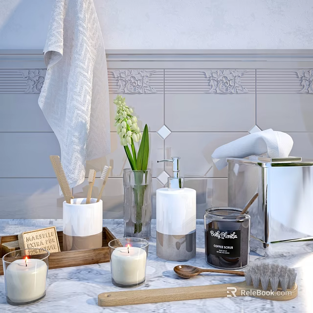 Bathroom Accessories with Towel Candle Lily Vase Soap Dispenser and Marble Countertop 3d model 