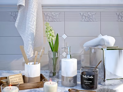 Bathroom Accessories with Towel Candle Lily Vase Soap Dispenser and Marble Countertop 3d model