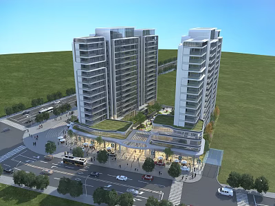 Aerial Planning Of Urban High Rise Buildings With Streets Pedestrians Vehicles And Green Space 3d model