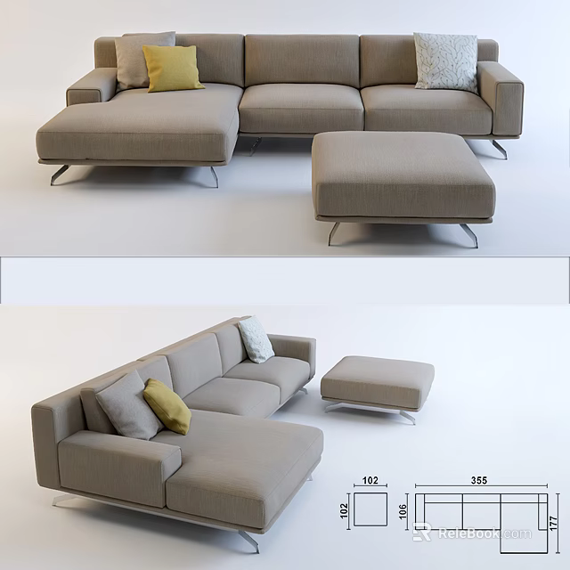 Modern Light Gray Sectional Sofa With Ottoman And Decorative Accent Pillows 3d model