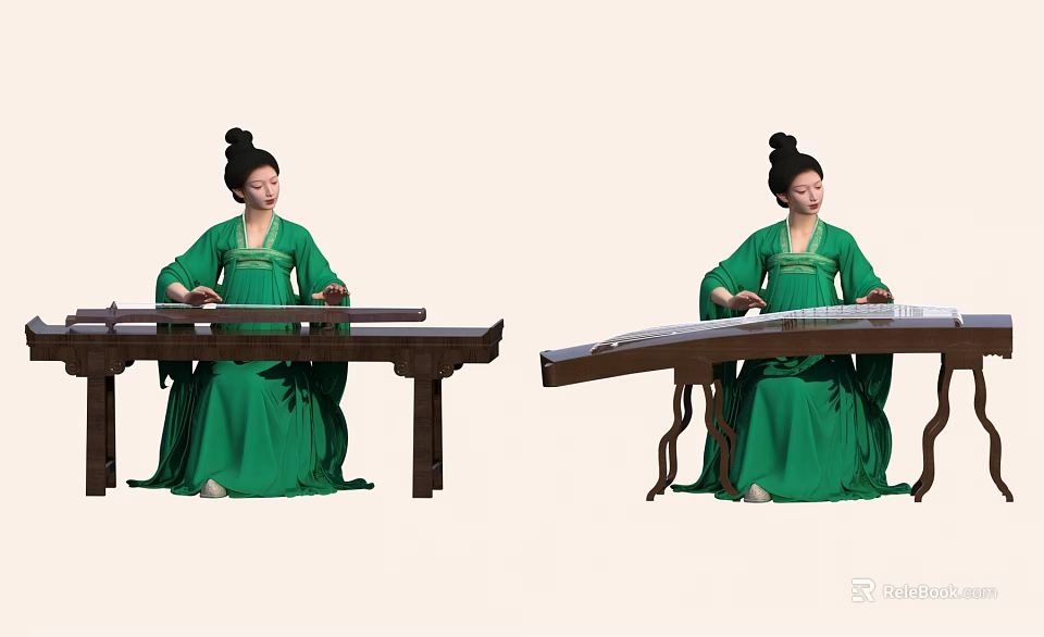 Woman in traditional green dress playing guzheng on wooden table 3d model 