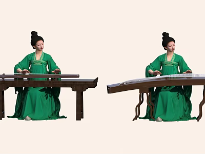 Woman in traditional green dress playing guzheng on wooden table 3d model