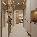 Modern Restaurant Dining Area With Wooden Table Chairs Marble Backsplash White Refrigerator And Pendant Light