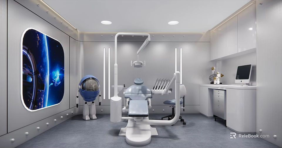 Modern Dental Treatment Room With Hi Tech Chair Earth Screen And Medical Devices 3d model 