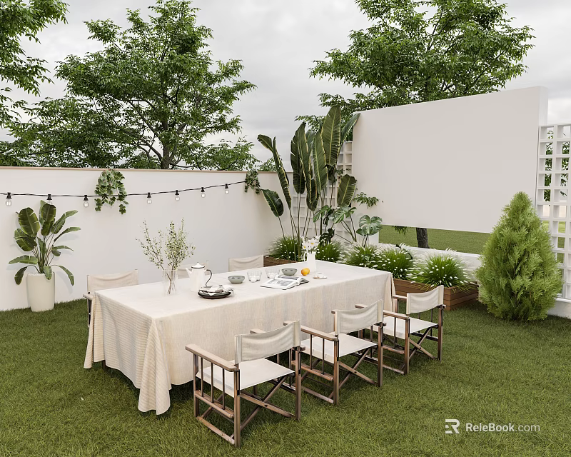 Outdoor Garden Landscape With Lawn Dining Table Chairs Green Plants And String Lights White Wall 3d model 