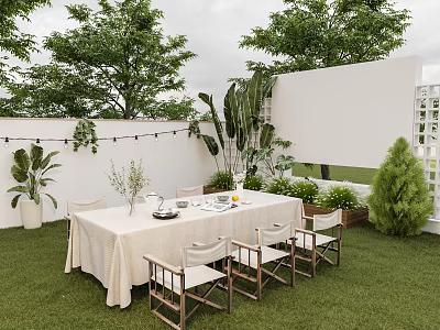 Outdoor Garden Landscape With Lawn Dining Table Chairs Green Plants And String Lights White Wall 3d model